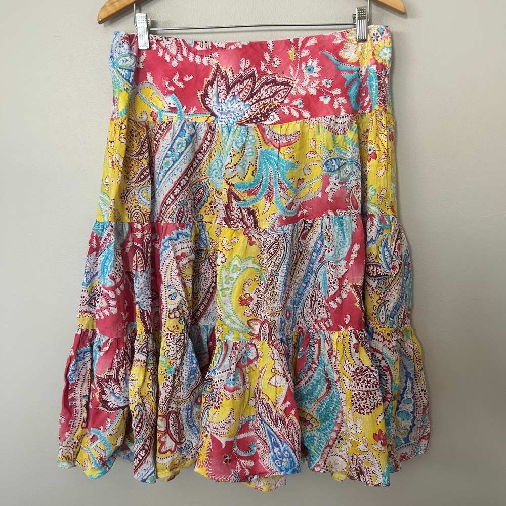 Lauren Ralph Lauren Skirt Women PL Pink Paisley 100% Linen Tiered Boho Midi